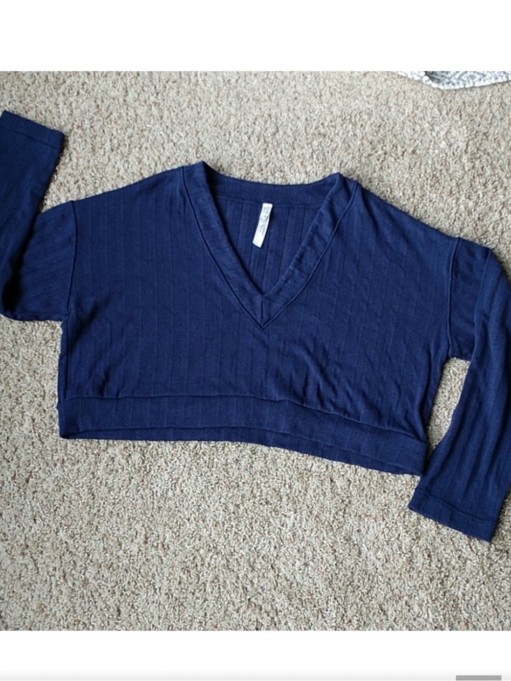 Free People Navy Ribbed V-Neck Cropped Top